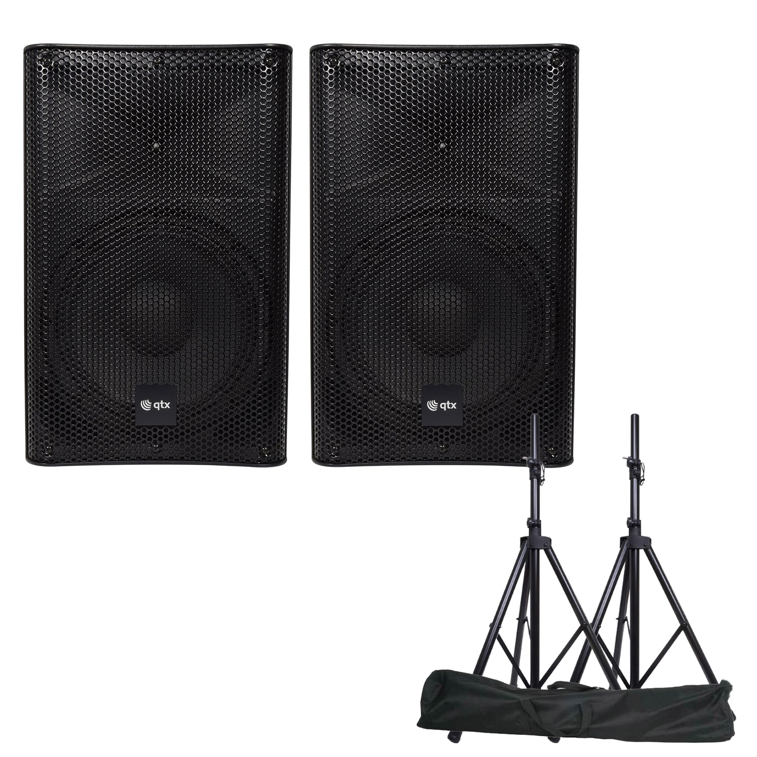 QTX Quest-15AS Active Bluetooth PA Speakers with Stands - PA speaker system available at ACLINKER Australia