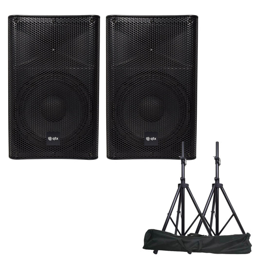 QTX Quest-15AS Active Bluetooth PA Speakers with Stands - PA speaker system available at ACLINKER Australia