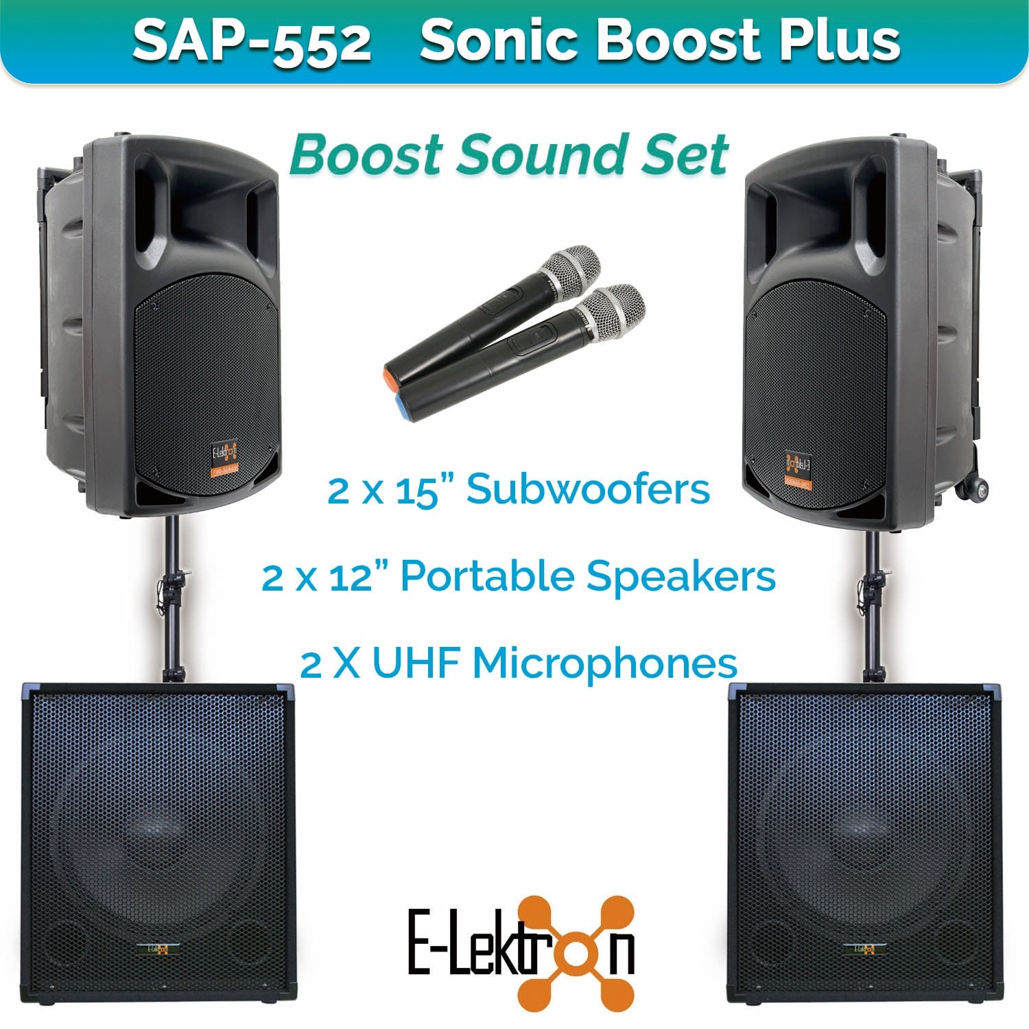 E-Lektron Sonic Boost Plus SAP 552 Bluetooth Bass PA with UHF Mics and Pole - PA speaker system available at ACLINKER...
