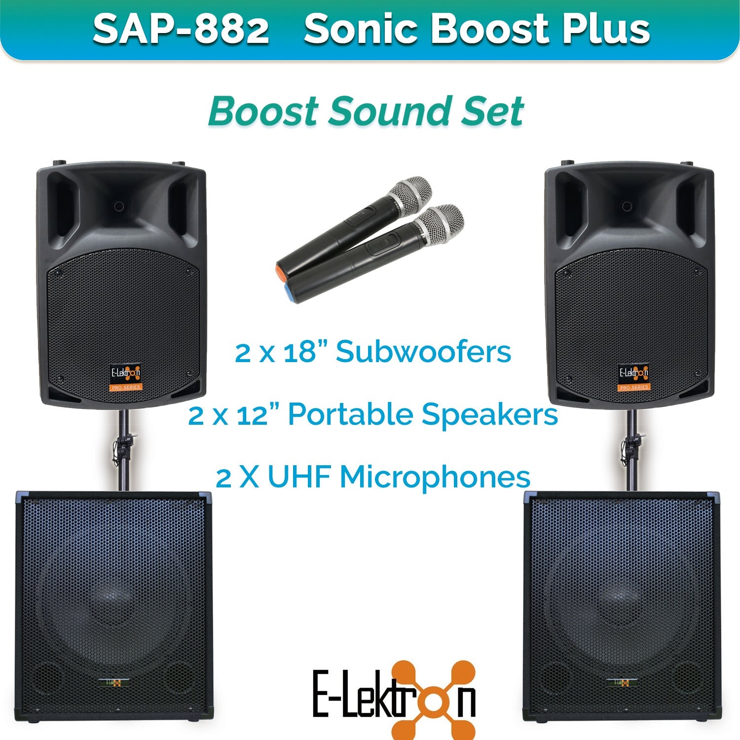 E-Lektron Sonic Boost Plus SAP 882 Bluetooth Bass PA with UHF Mics - PA speaker system available at ACLINKER Australia