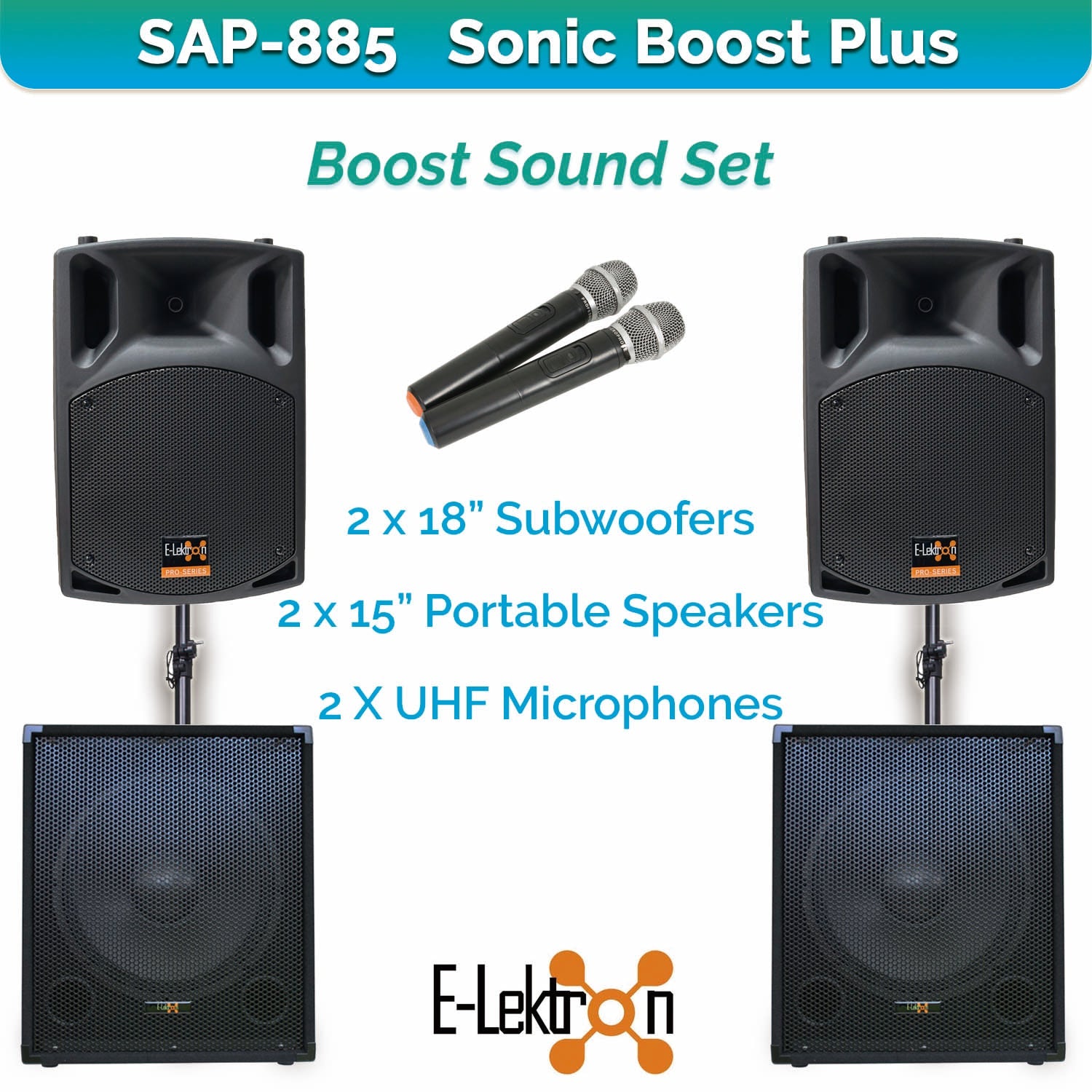 E-Lektron Sonic Boost Plus SAP 885 Bluetooth Bass PA with UHF Mics - PA speaker system available at ACLINKER Australia