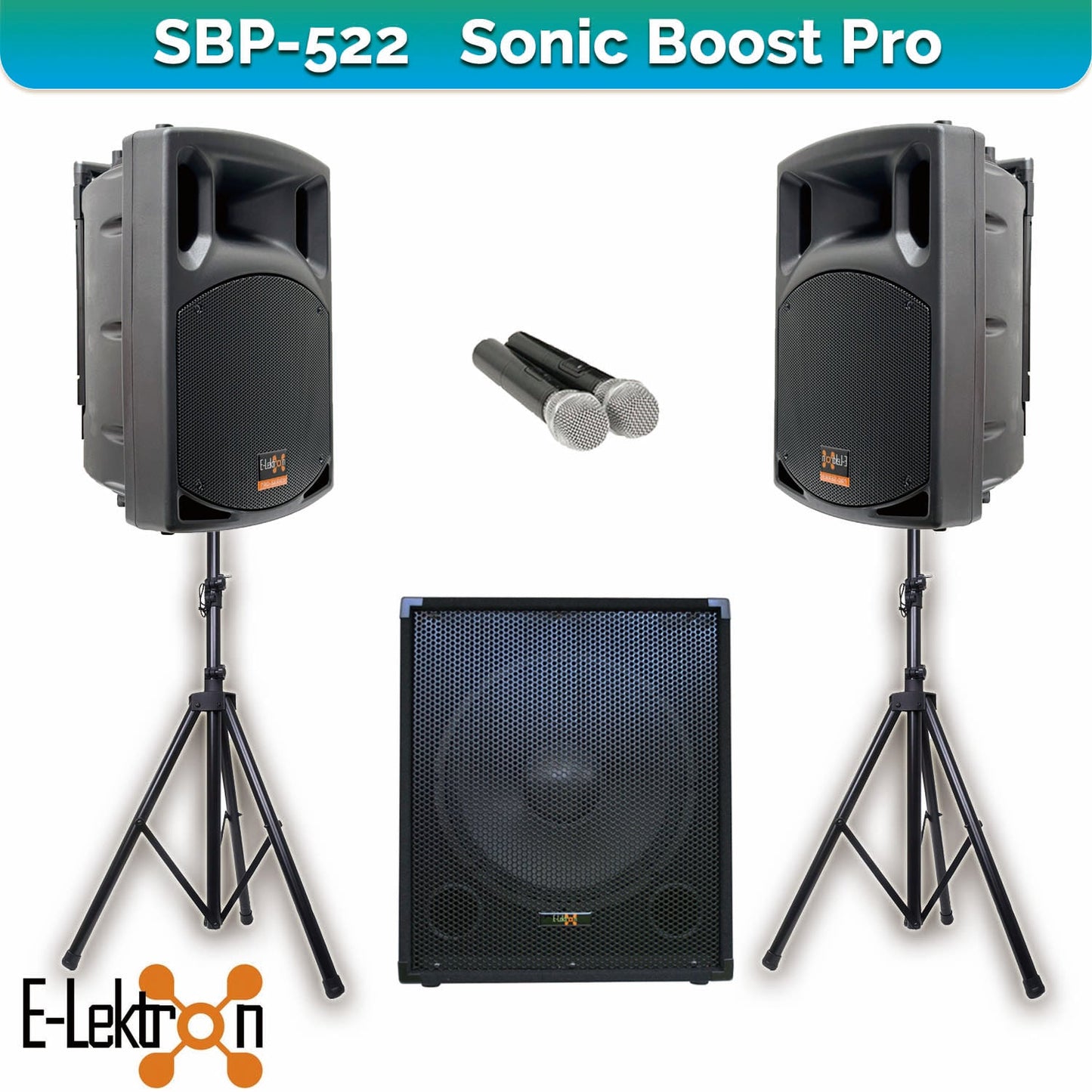 E-Lektron Sonic Boost Pro SBP-522 Bluetooth Bass PA with UHF Mics & Stands - PA speaker system available at ACLINKER...