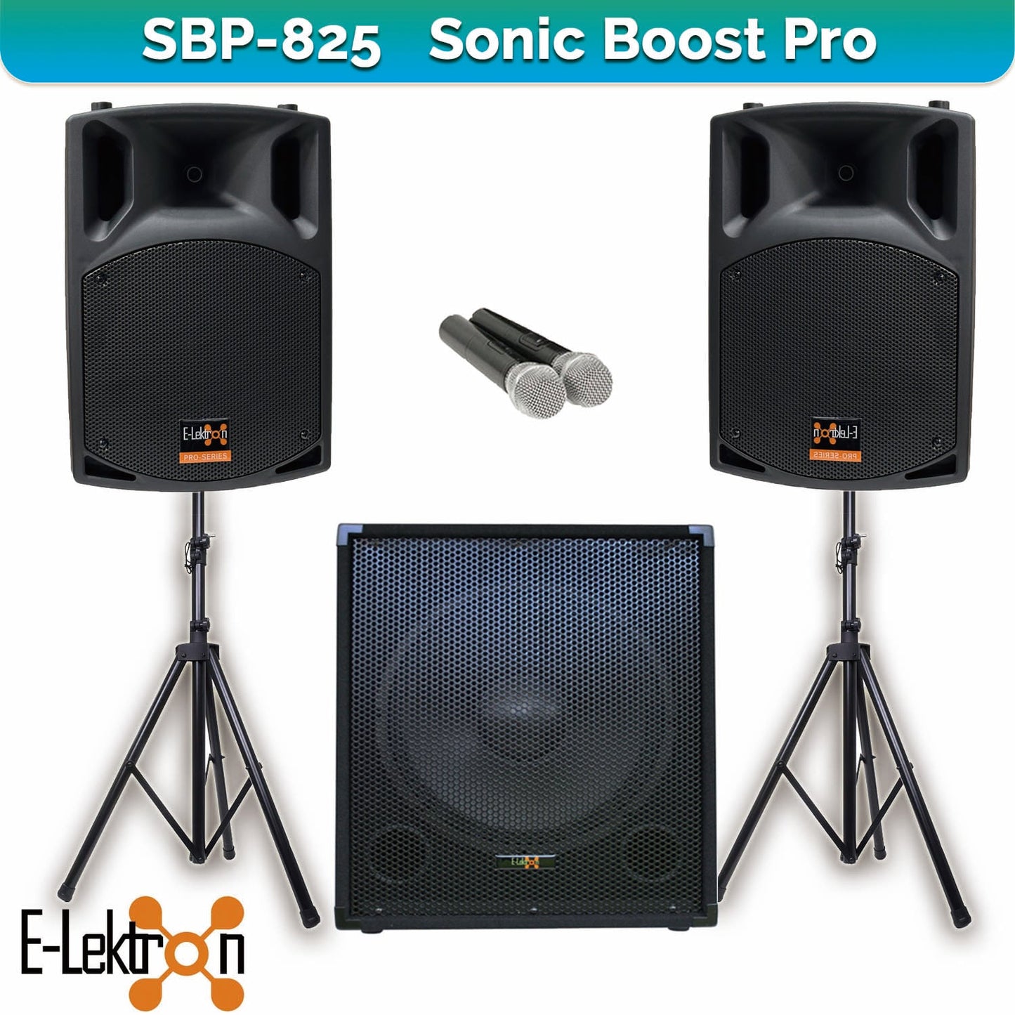 E-Lektron Sonic Boost Pro SBP 825 Bluetooth Bass PA with UHF Mics & Stands - PA speaker system available at ACLINKER...