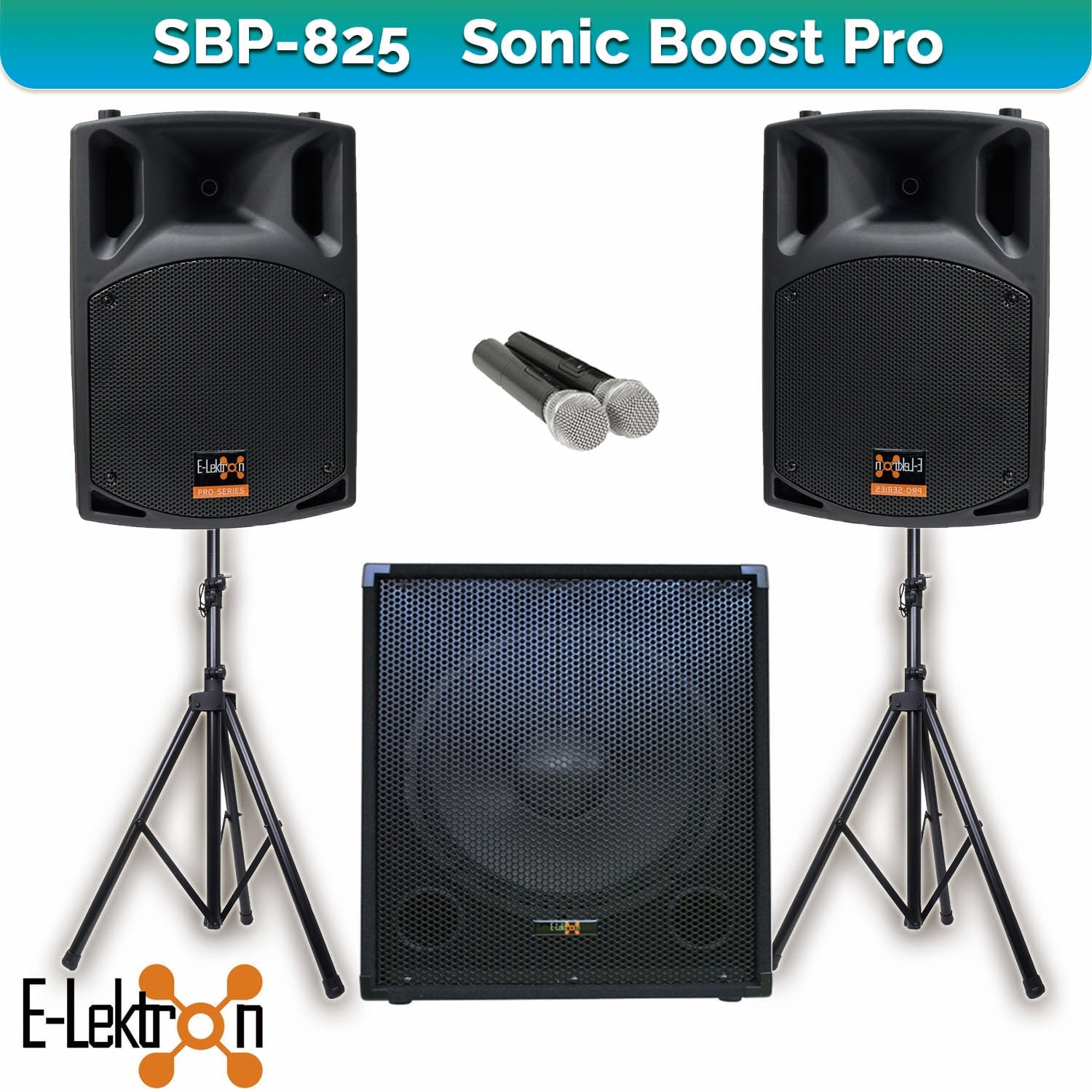 E-Lektron Sonic Boost Pro SBP 825 Bluetooth Bass PA with UHF Mics & Stands - PA speaker system available at ACLINKER...