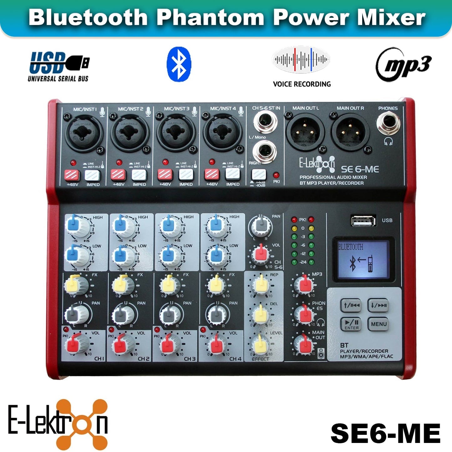 E-Lektron Podcast Studio Bundle: SE-6 USB Audio Mixer & RM2 Condenser Microphone - rear panel and connections