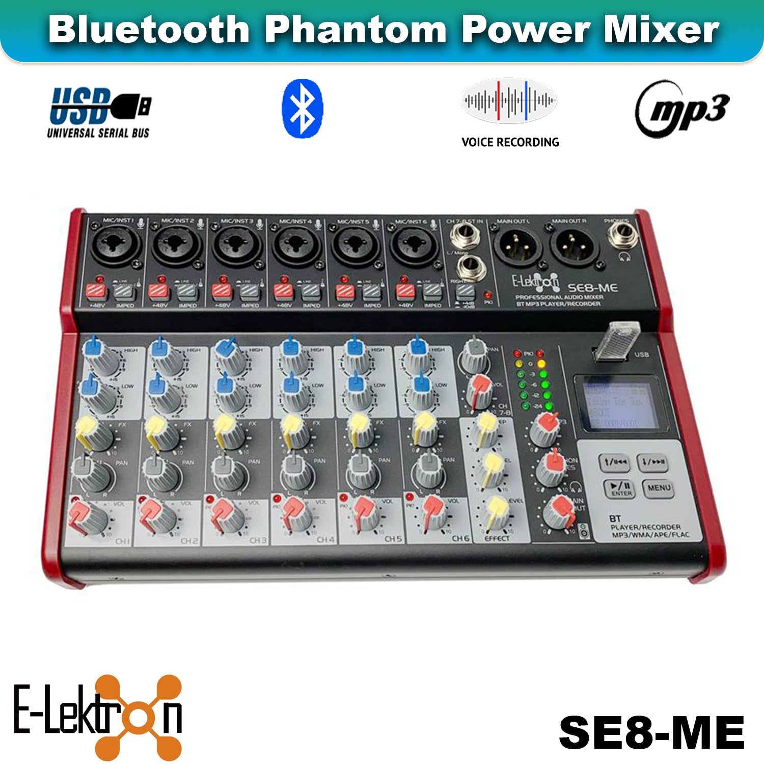 E-Lektron Podcast Studio Bundle: SE-8 USB Audio Mixer & RM2 Condenser Microphone - rear panel and connections