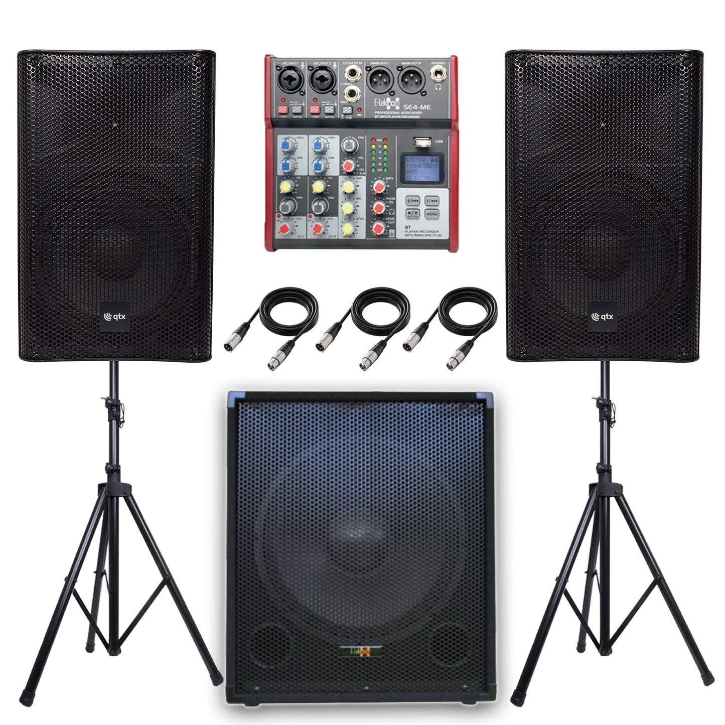 QTX Quest 12SSA 2040W 2.1 Active PA System Bundle | 15" Subwoofer, Mixer, Stands & Cables - PA speaker system available...