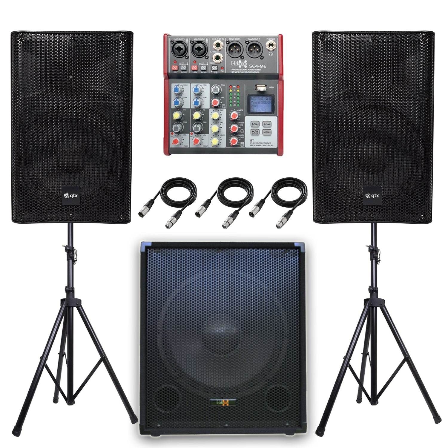 QTX Quest 12SSA 2040W 2.1 Active PA System Bundle | 15" Subwoofer, Mixer, Stands & Cables - PA speaker system available...