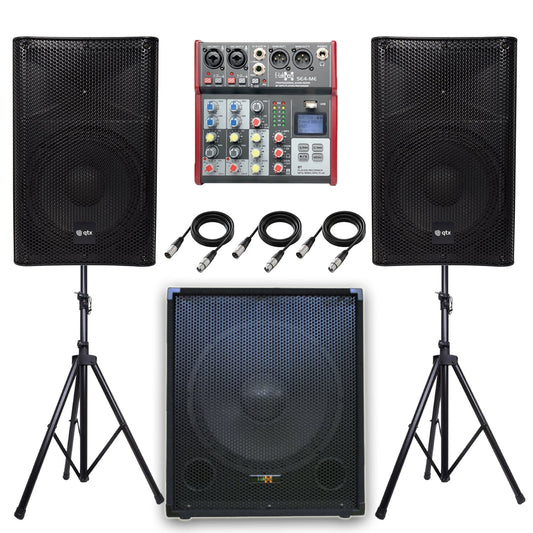 QTX Quest 12SSA 2040W 2.1 Active PA System Bundle | 15" Subwoofer, Mixer, Stands & Cables - PA speaker system available...