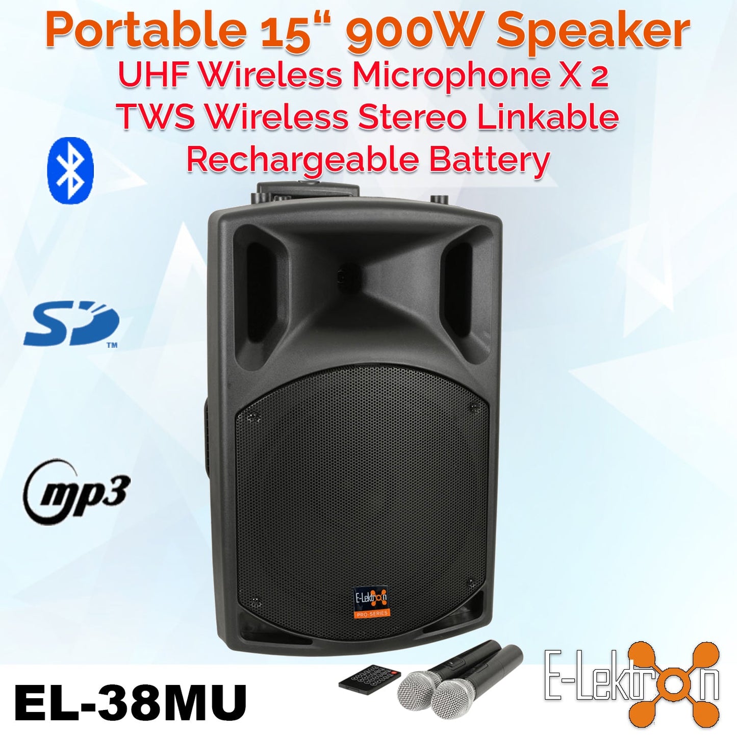 E-Lektron UHF38-MS 1800W 2X15" inch Bluetooth Portable PA with 4 UHF Mics and Stands - side angle view