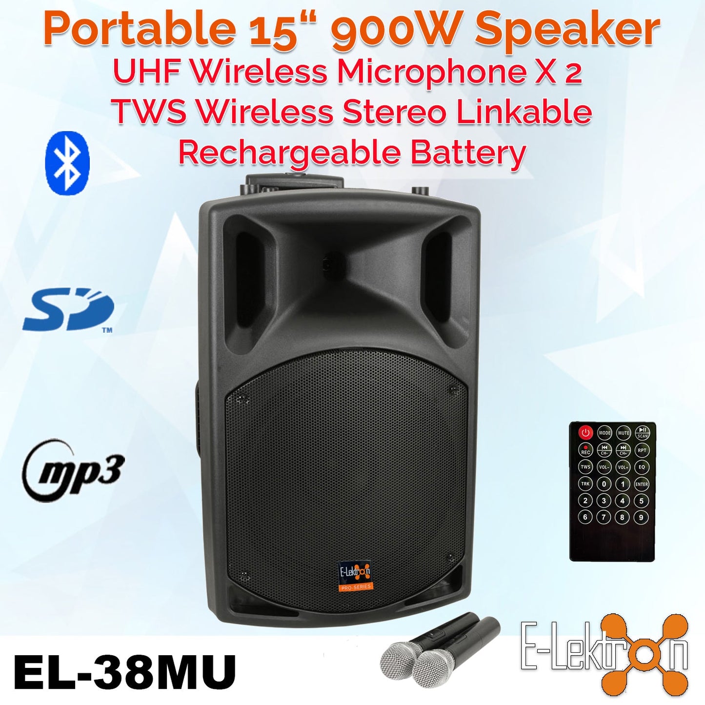 E-lektron PSL-38U Bluetooth Karaoke Speaker with UHF Mics & LED Light - rear panel and connections