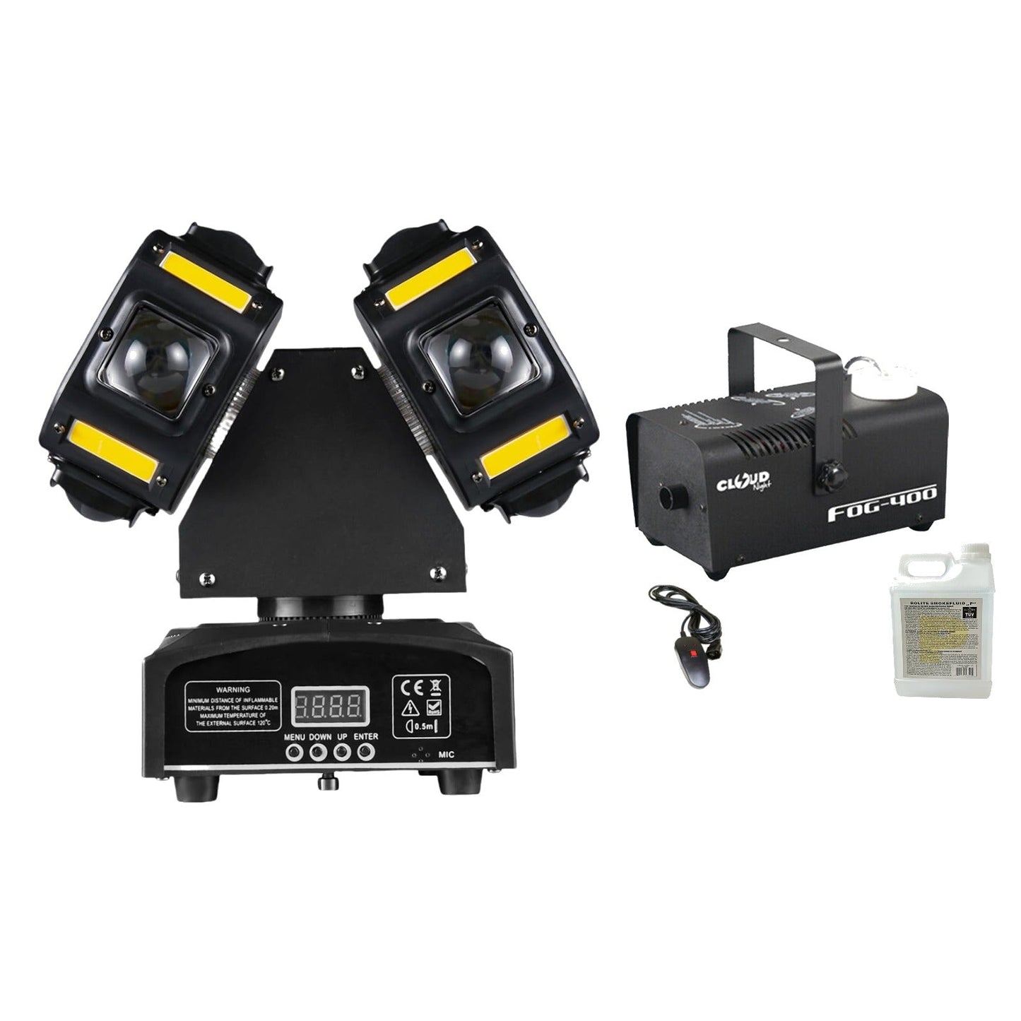CR Lite Lighting Pak 4 - Janus 120W dual-head moving light with 400W smoke machine and fog fluid