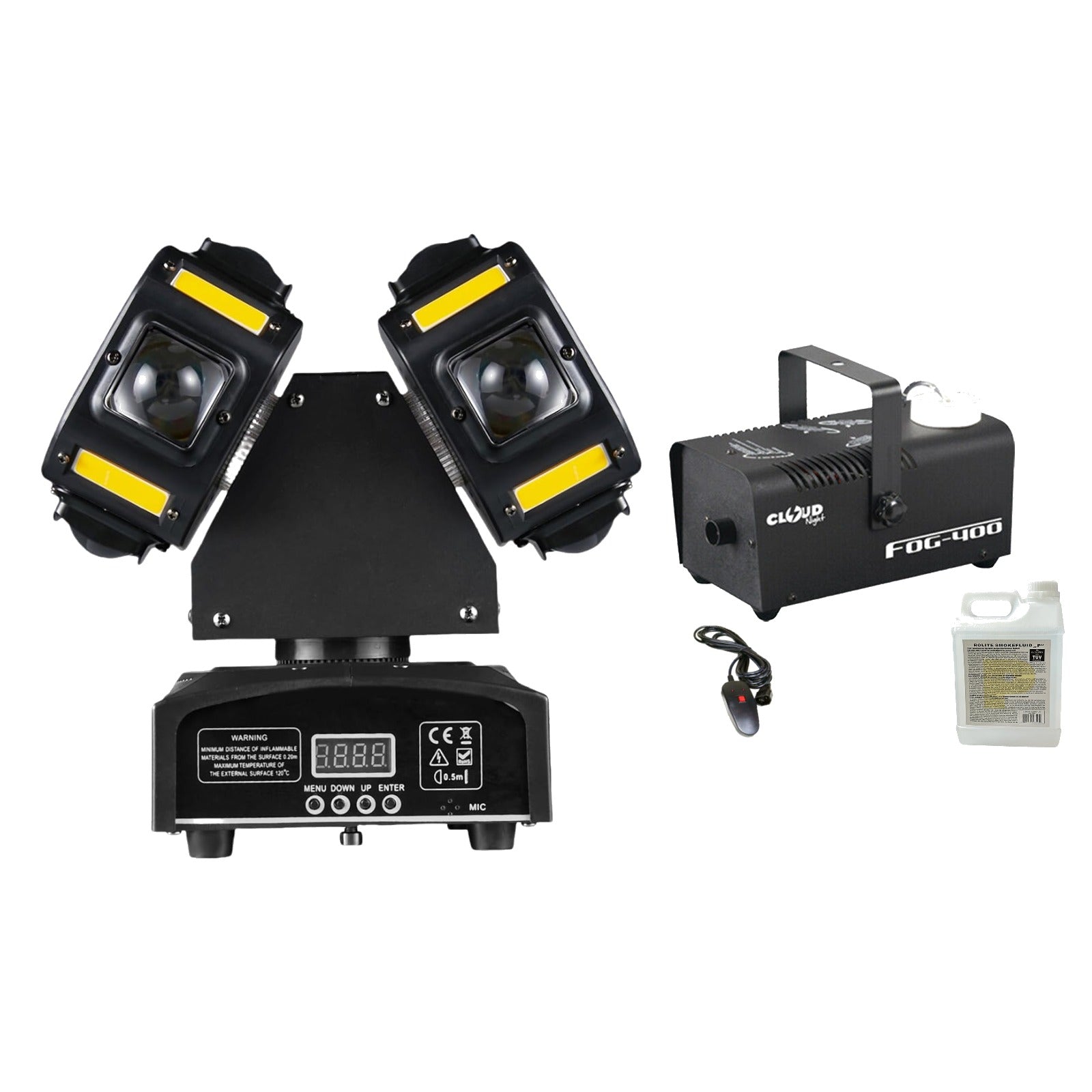 CR Lite Lighting Pak 4 - Janus 120W dual-head moving light with 400W smoke machine and fog fluid