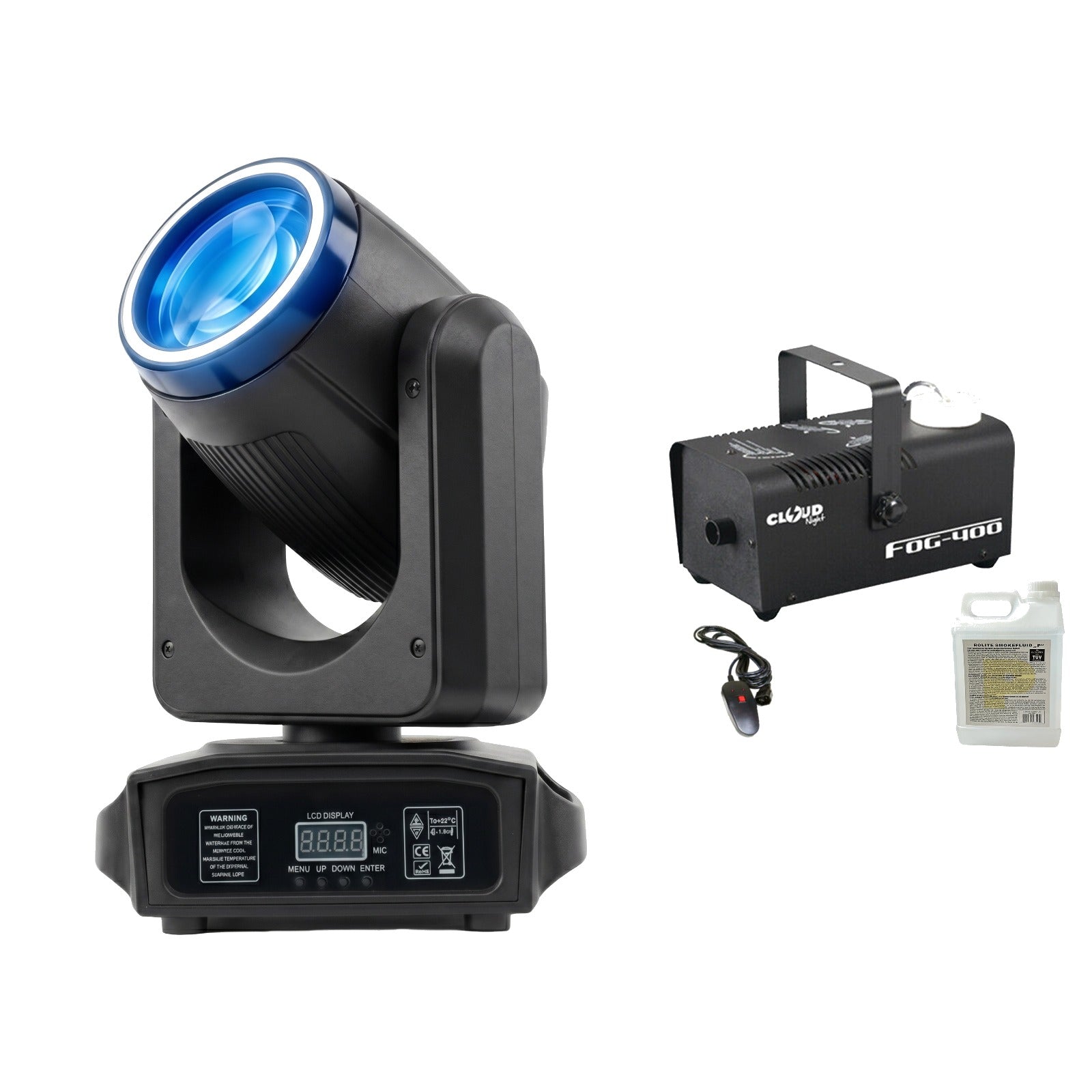 CR Lite Lighting Pak 5 - Orbis 100 LED beam moving head with 400W smoke machine and fog fluid