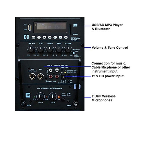 E-lektron EL-225 Dual 10" inch Portable Karaoke Mobile PA Speaker Sound System Battery Bluetooth with 2 UHF Microphone