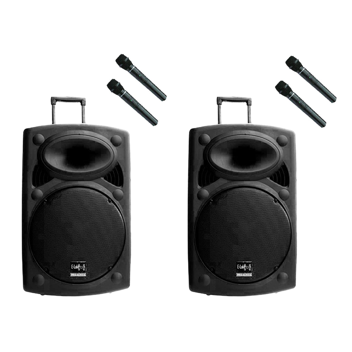 E-Lektron 1800W 2 X 15" inch Bluetooth Portable Loud Speakers Sound System Battery Operate USB Record 2 Microphones