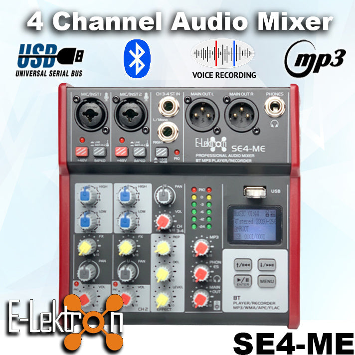 E-Lektron SE-4 Live Audio Mixer 4 Channel Mixer incl. USB Bluetooth Soundcard Phantom Power