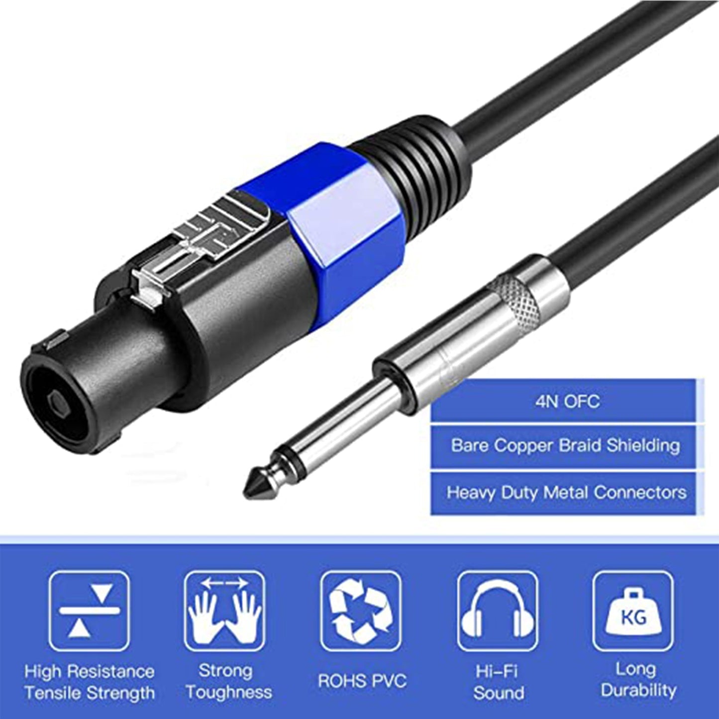 ACL Speakon to 6.35mm Jack Male Speaker Cables Professional 12 Gauge AWG Wire Audio Amplifier Connection Cord DJ/PA Speaker Cable Wire 5 Meters