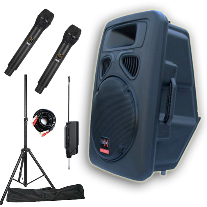 E-lektron 12" inch Speaker Set 800W Bluetooth Active Powered Loud Digital Sound System PA with 2 Tunable UHF Wireless Microphones and Stand