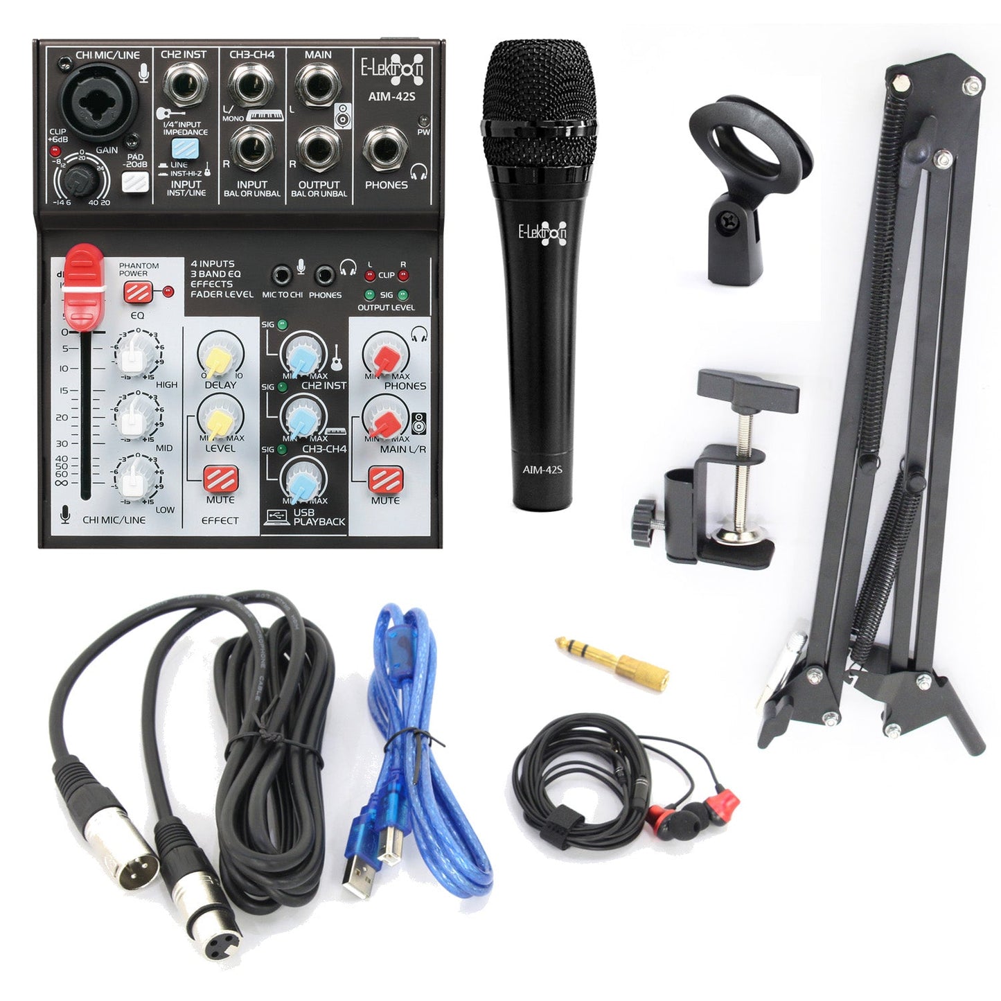 E-lektron 4 Channel Audio Interface Mixer Mixing Console for recoding with microphone stand and case