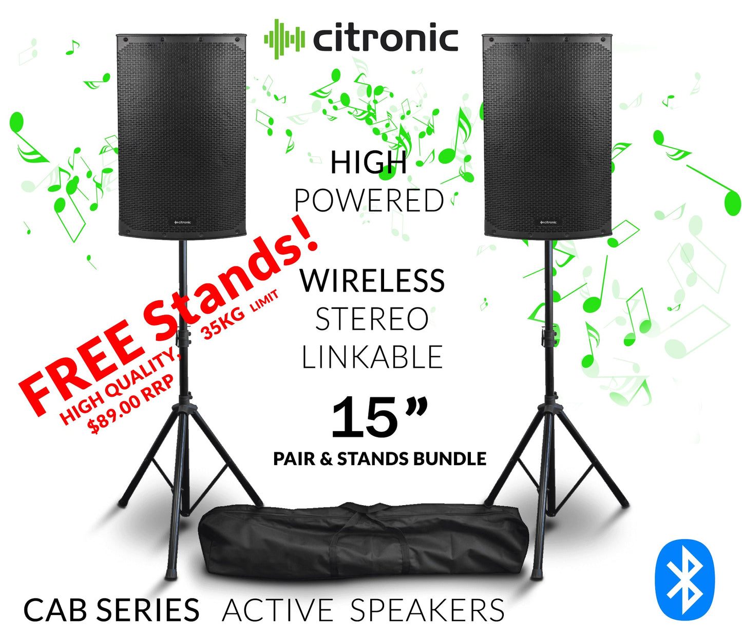 Citronic 15 inch Bluetooth Stereo Linkable PA Powerful Loud Active Digital Amp Mixer Speakers with Stands