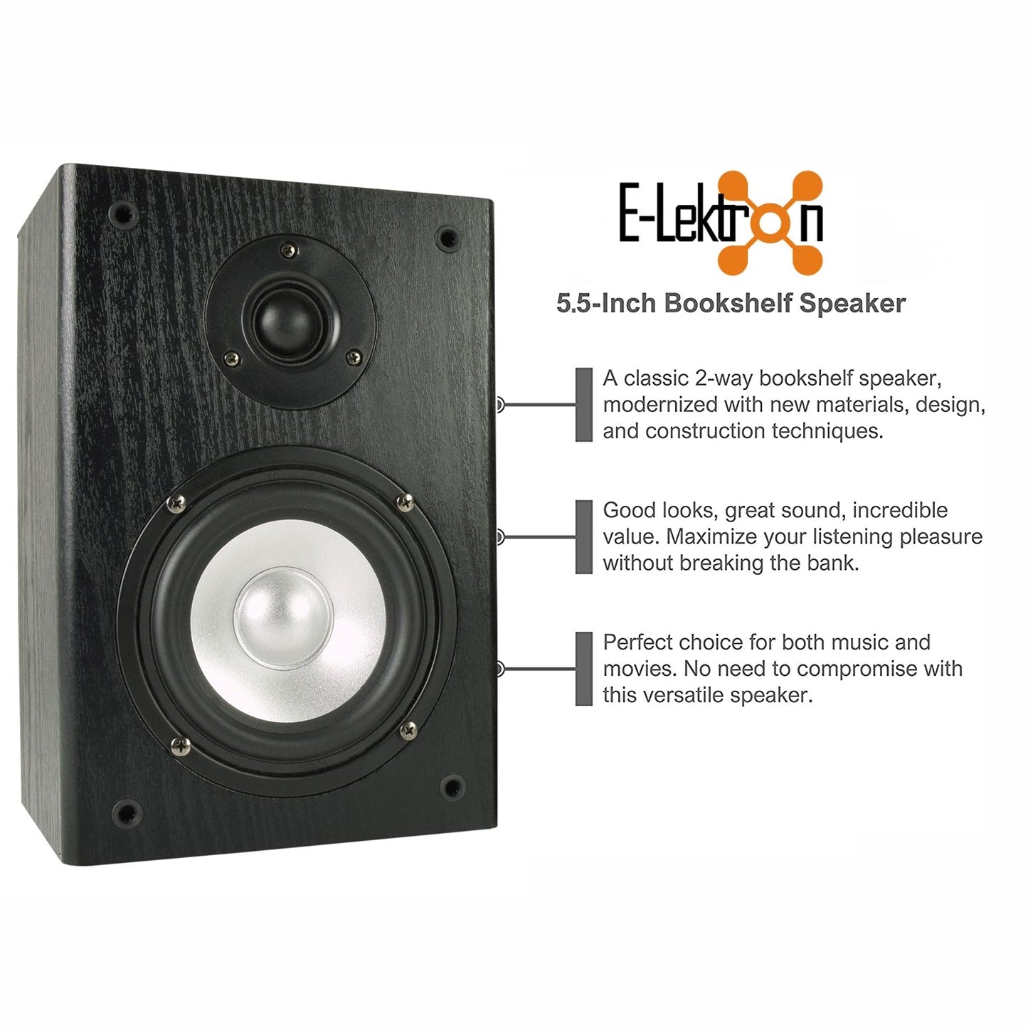 E-Lektron BK55 2-Way Home HiFi Stereo Bookshelf Wooden Speakers Pair Wall Mountable