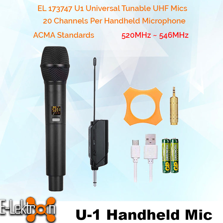 E-lektron U1 Dynamic UHF 20 Channels Tunable Universal 1 Wireless Handheld Microphone System With Mini Plug Receiver