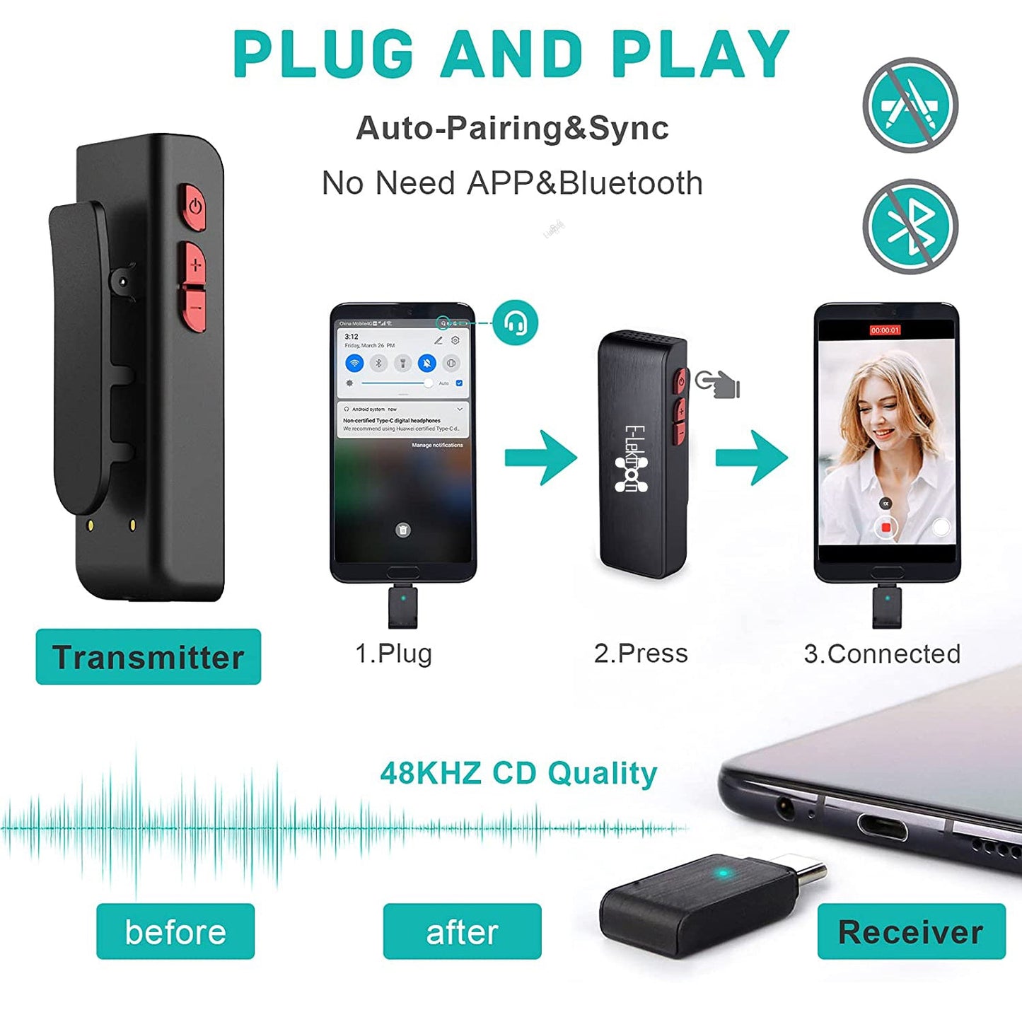 2.4G Wireless Microphone with charging case clip-on plug & play for iPhone iPad Android live stream zoom video recording