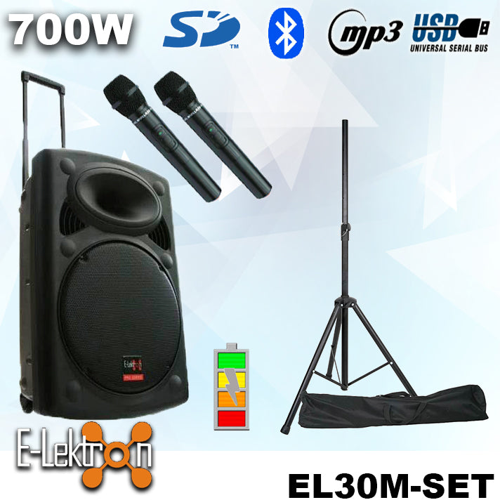 E-lektron 12″ Inch Portable Speaker Set 700W Mobile PA Sound System Battery Bluetooth With 2 Wireless Microphones and Stand