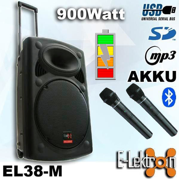 E-Lektron 15″ Inch Portable Speaker 900W Mobile PA Sound System Battery Bluetooth With 2 Wireless Microphones
