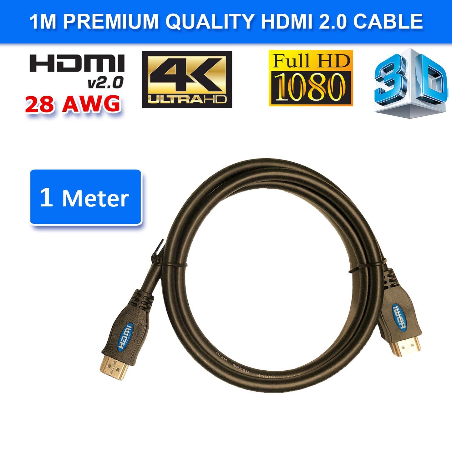 HDMI 2.0 High Speed Cable 1M Gold Plated Connectors Ethernet ARC HD 1080p 3D Cinema Plus 28AWG 4K 60Hz HDCP