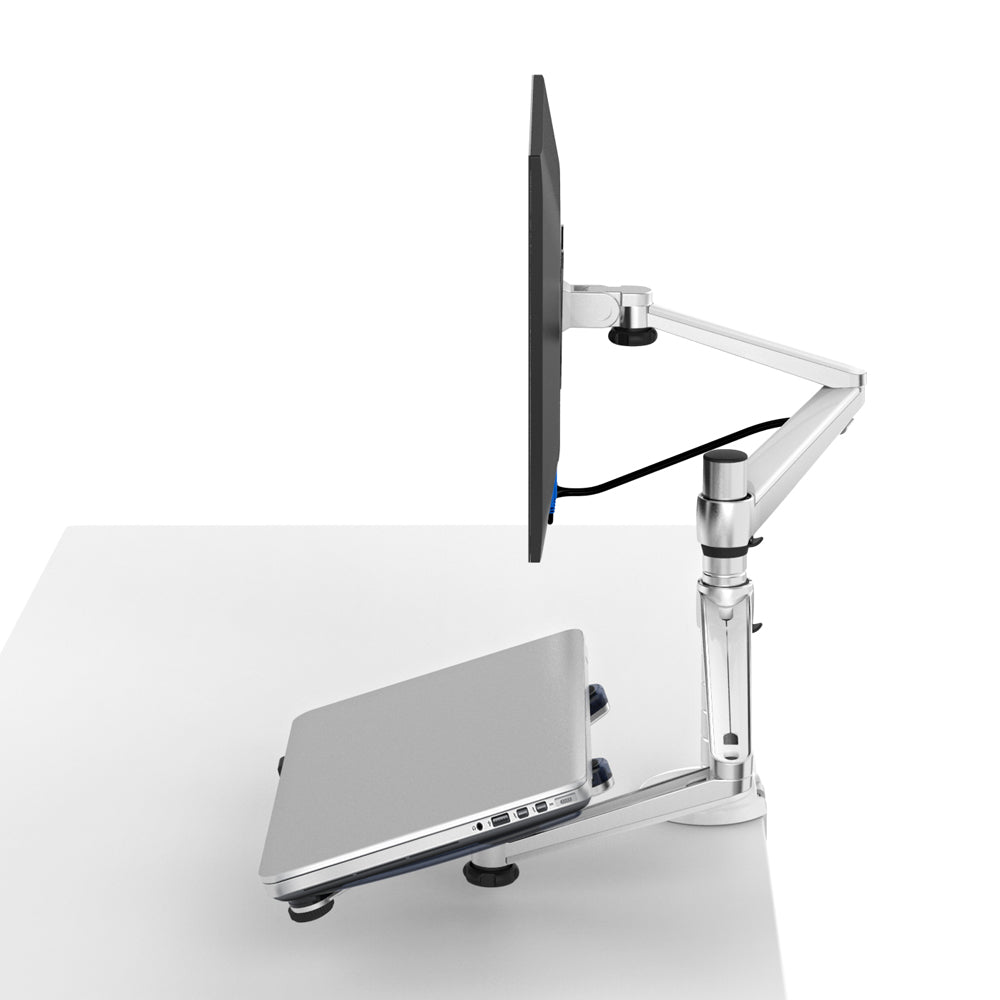 DL Monitor and Laptop Silver Mount  2-in-1 Adjustable Dual Arm Desk Mounts for 17 to 32 Inch LCD Screens Extra Tray Fits 12 to 17 inch Laptops