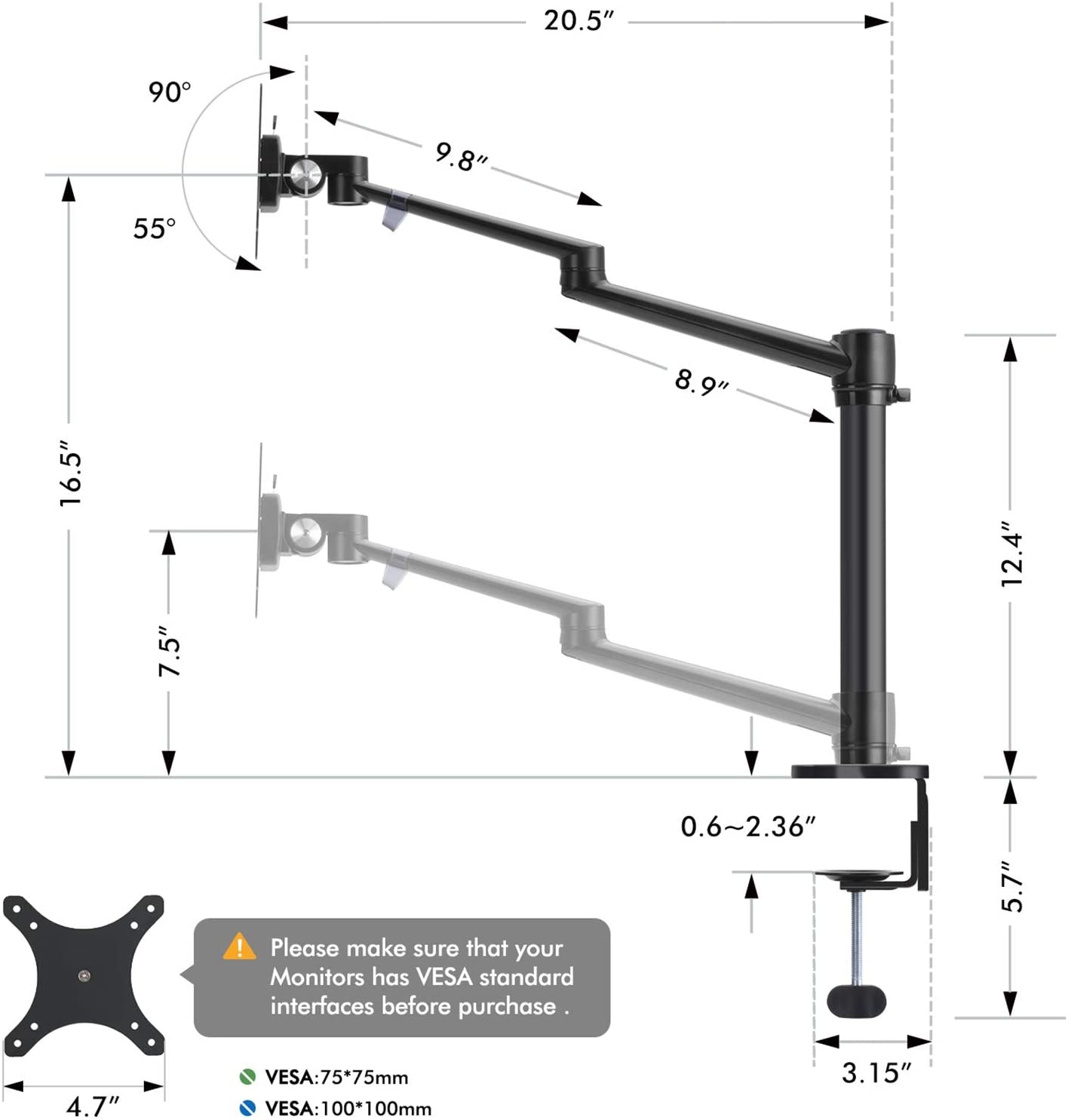 DL Premium Single Arm LCD Monitor Desk Mount Height Adjustable freely swivel Stand for Display up to 32 inch 9kg Weight Capacity