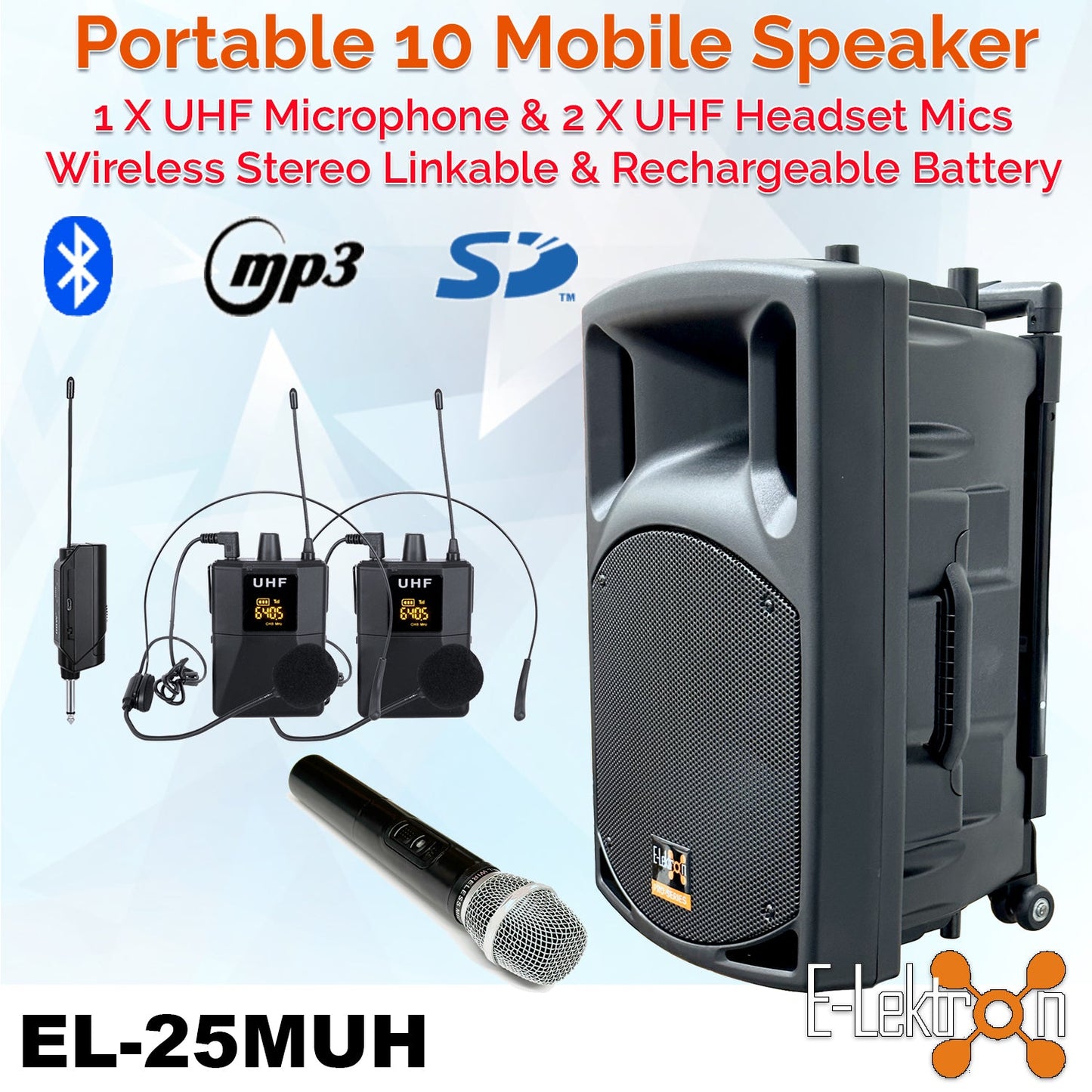 E-Lektron EL25-MUH UHF 10" inch Bluetooth Wireless linkable Portable Compact PA Speaker Sound System Recoding incl.2 Headset & 1 Handheld Mic for Sports Coach Speech Singing