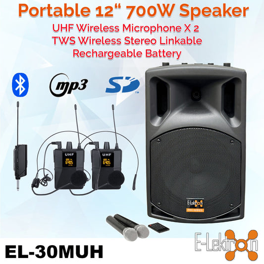 E-Lektron EL30-MUH 700W 12" inch Bluetooth Wireless linkable Loud Portable PA Speaker Sound System incl.2 Handheld +2 Headset Mics  for Karaoke Coach Speech Singing